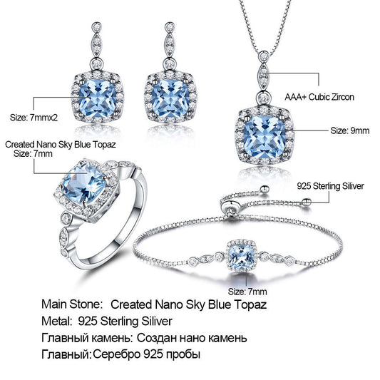 925 Sterling Silver Necklace Sky Blue Topaz Four-Piece Set