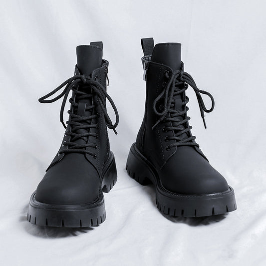 Black High-top Mid-calf Tooling Round Head Thick Bottom Martin Boots