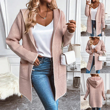 Loose Knitted Long Sleeves Hooded Cardigan Pocket Coat